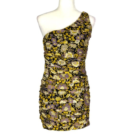 Zara Womens One Shoulder Floral Ruched Bodycon Mini Dress Yellow Purple Small - Picture 3 of 12